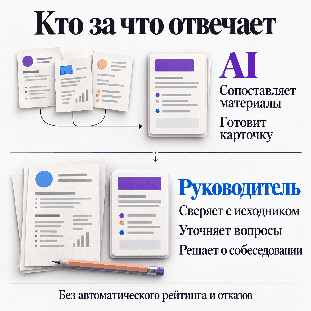 AI сопоставляет материалы и готовит карточку. Руководитель сверяет с исходником, уточняет вопросы и решает о собеседовании. Без автоматического рейтинга и отказов.