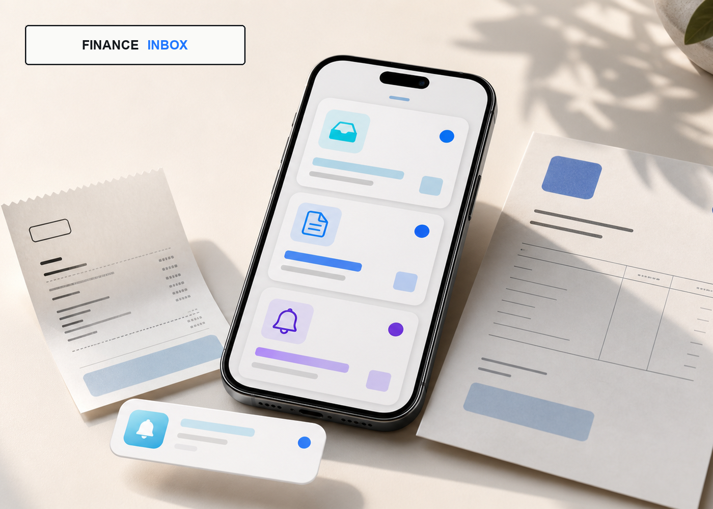 Смартфон с карточками финансовых событий между бумажным чеком и счётом Finance Inbox.