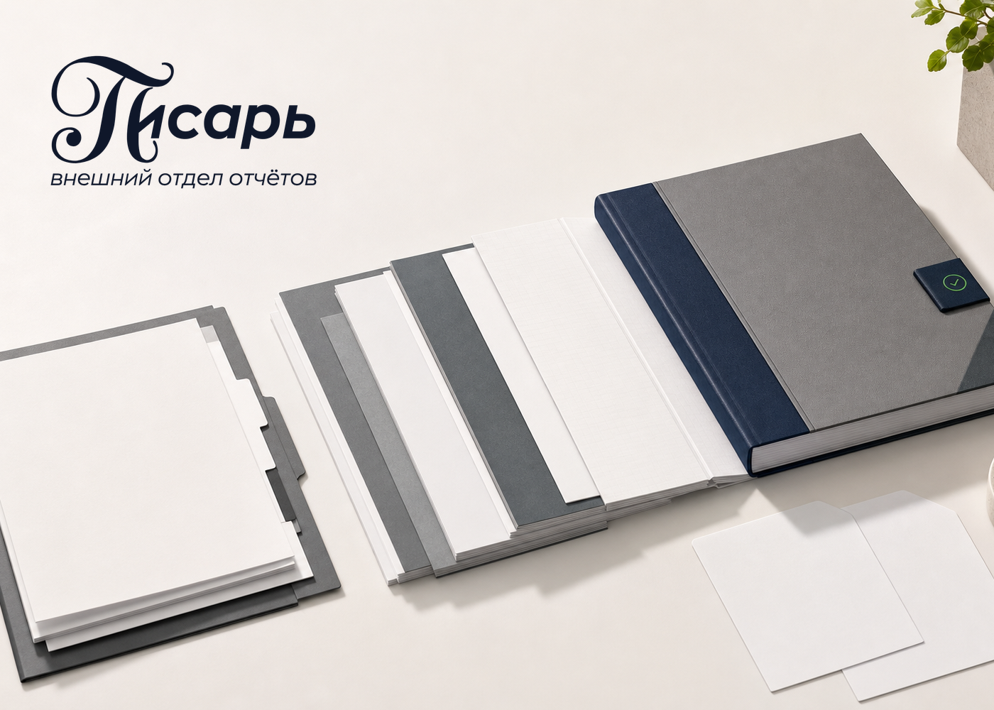 Стопка документов и переплетённый отчёт рядом с логотипом «Писарь — внешний отдел отчётов».